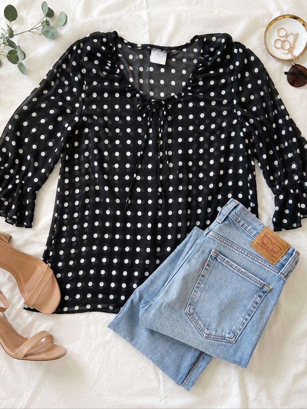 Vintage Sheer Polka Dot Blouse | Ruffle Sleeve Tie Neck Top Black White